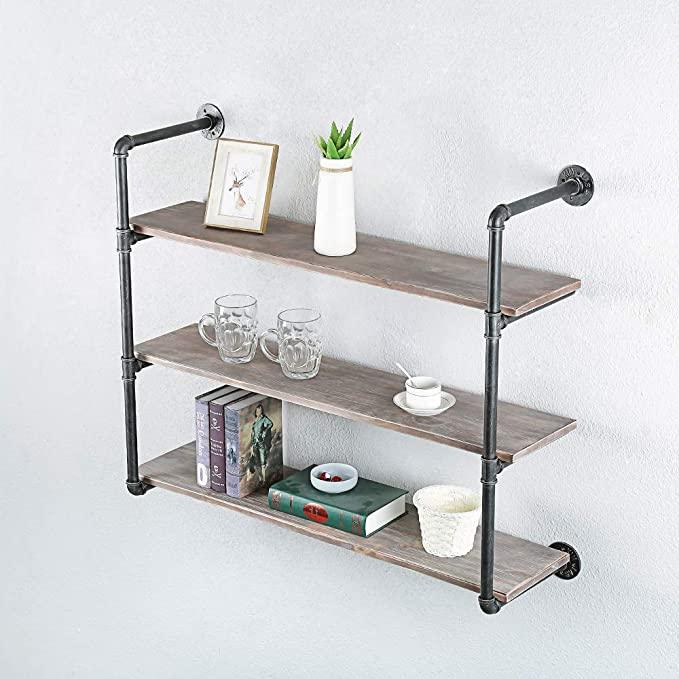 3 Tier Industrial Pipe Shelving made of solid pine wood and galvanized steel, showcasing a rustic design with rounded corners and a sturdy structure.