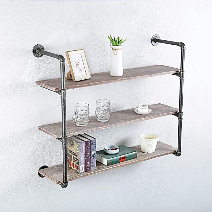 3 Tier Industrial Pipe Shelving made of solid pine wood and galvanized steel, showcasing a rustic design with rounded corners and a sturdy structure.