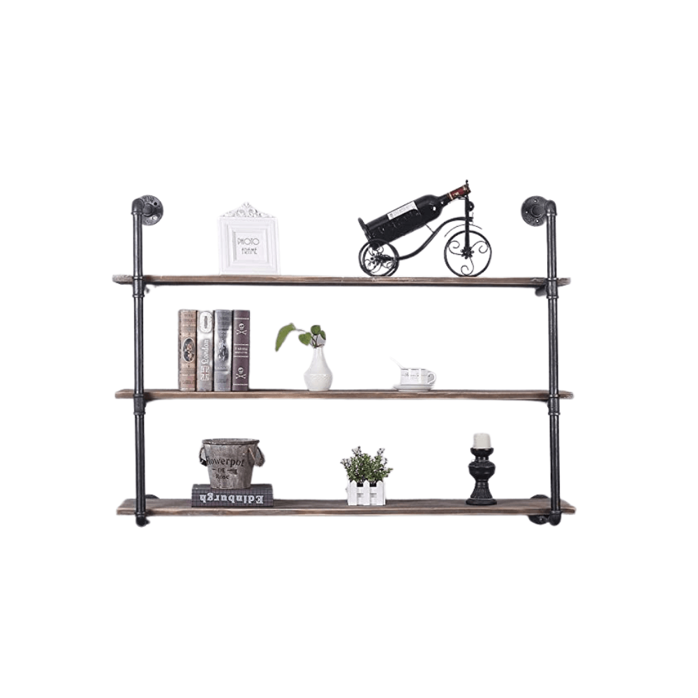 3 Tier Industrial Pipe Shelving made of solid pine wood and galvanized steel, showcasing a rustic design with rounded corners and easy assembly features.