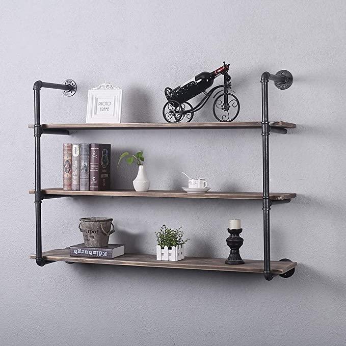 3 Tier Industrial Pipe Shelving made of solid pine wood and galvanized steel, showcasing a rustic design with rounded corners and easy assembly features.