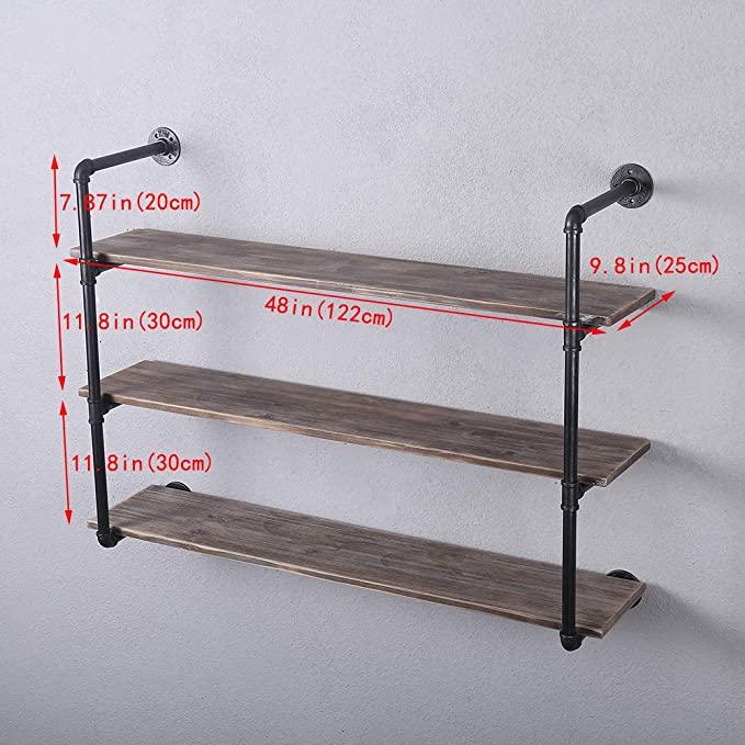 3 Tier Industrial Pipe Shelving made of solid pine wood and galvanized steel, showcasing a rustic design with rounded corners and easy assembly features.