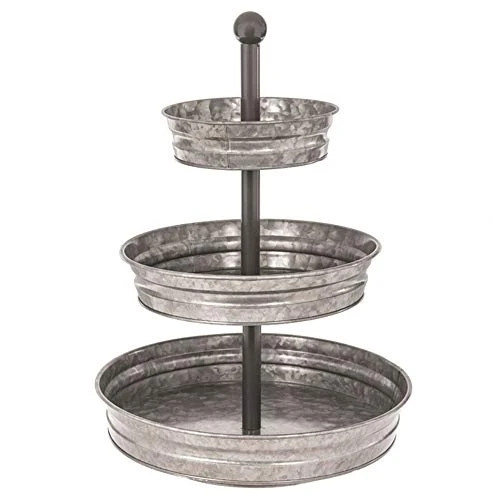 A rustic 3 Tier Galvanized Round Metal Tray, showcasing three levels for serving or decoration, perfect for farmhouse-style decor.