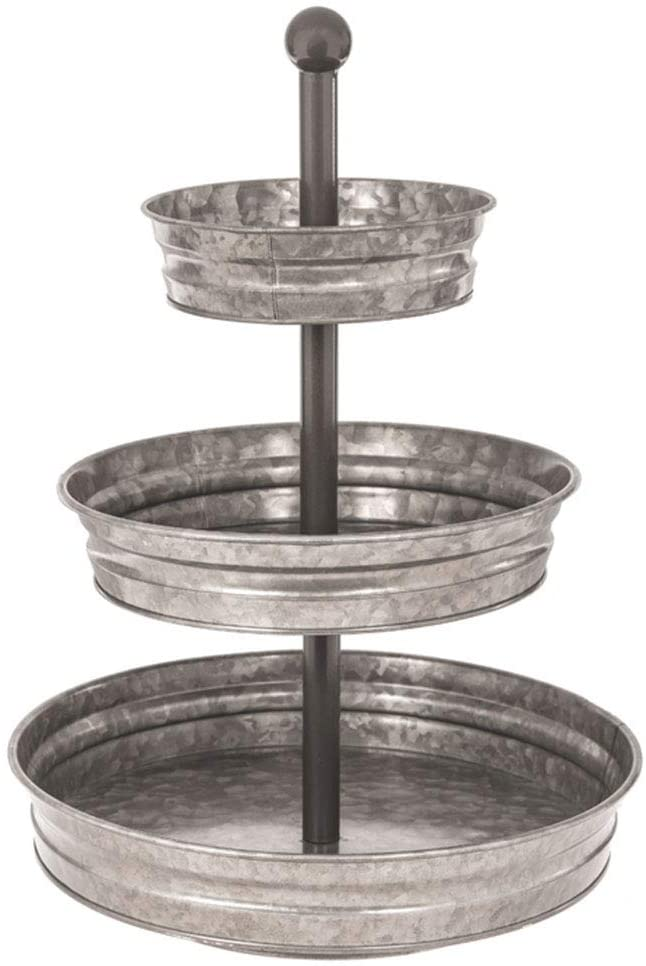 A rustic 3 Tier Galvanized Round Metal Tray, showcasing three levels for serving or decoration, perfect for farmhouse-style decor.