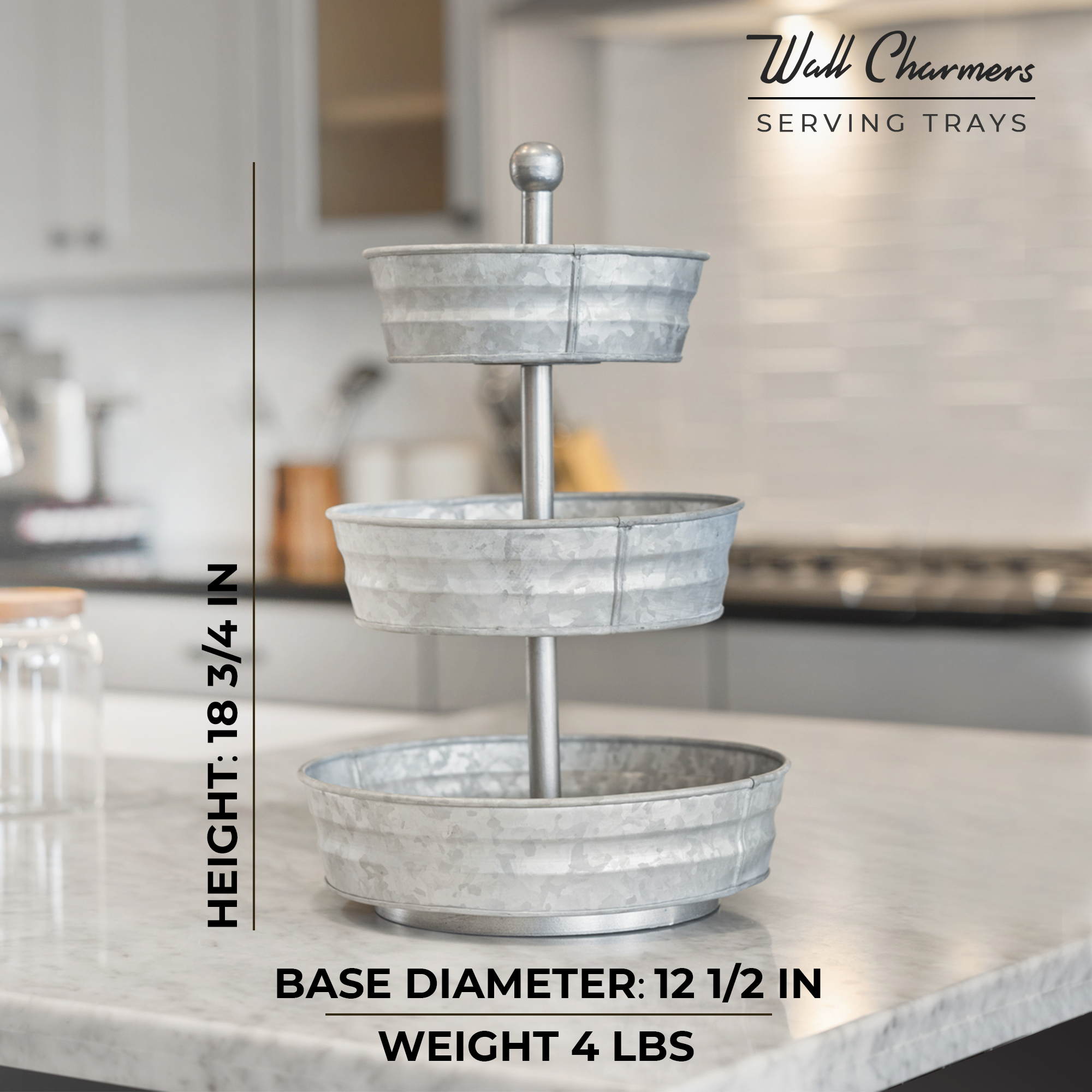 A rustic 3 Tier Galvanized Round Metal Tray, showcasing three levels for serving or decoration, perfect for farmhouse-style decor.