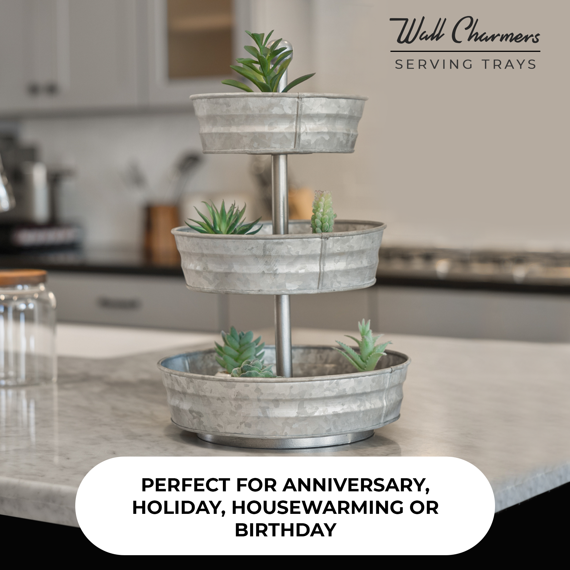 A rustic 3 Tier Galvanized Round Metal Tray, showcasing three levels for serving or decoration, perfect for farmhouse-style decor.