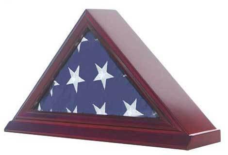 3' X 5' American Flag Display Case Stand made of solid wood with a glass front panel, showcasing a folded American flag.