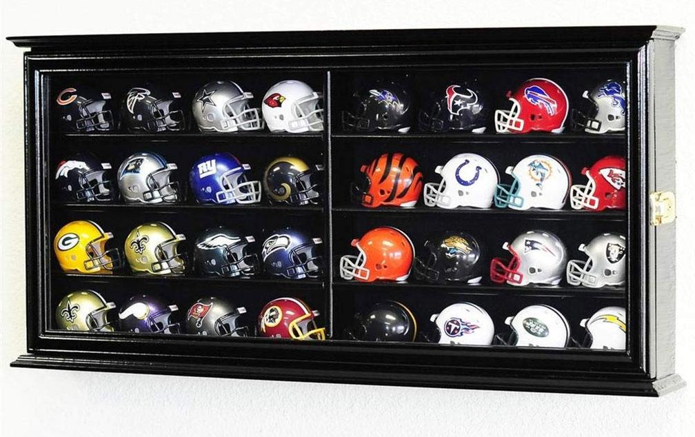 32 Pocket Pro Mini Helmet Display Case with UV protection, showcasing Riddell Pocket Pro mini helmets in a stylish beech hardwood cabinet.