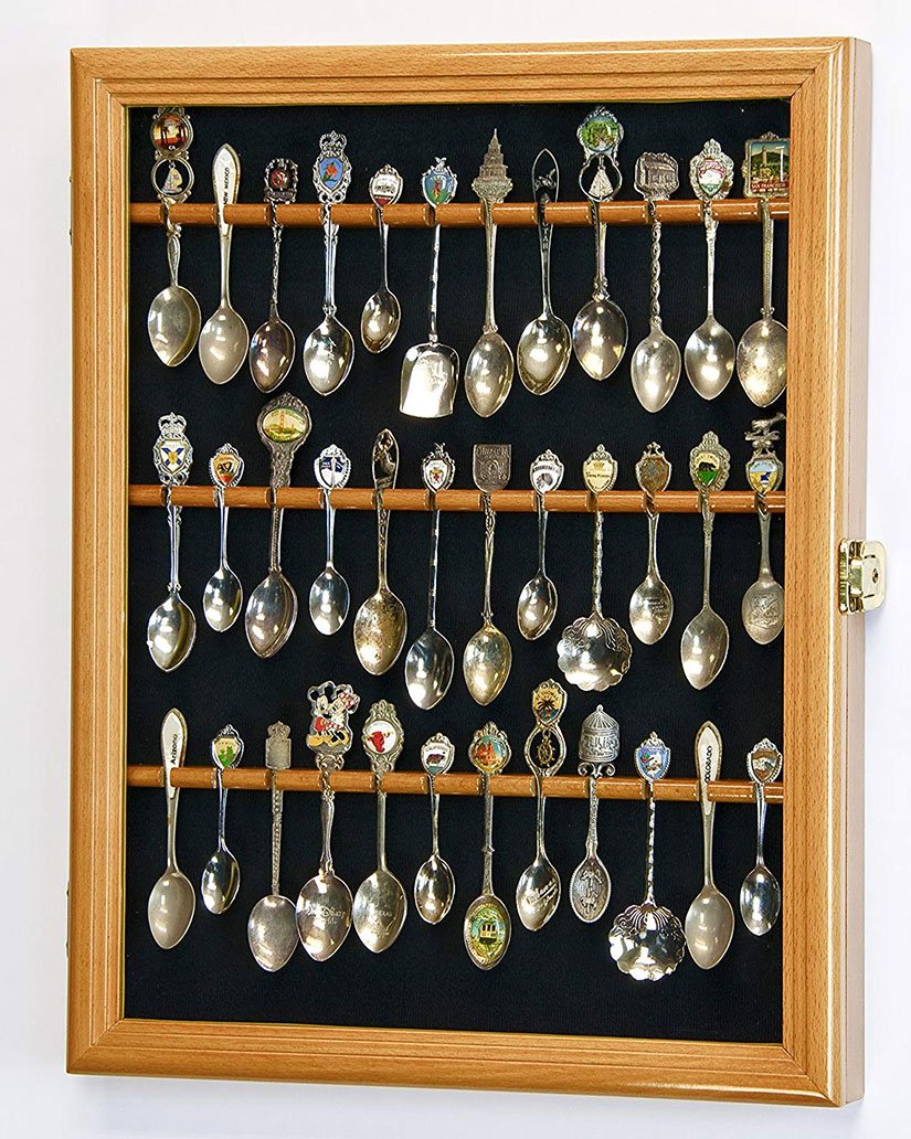 36 Spoon Display Case Rack Cabinet Holder in oak finish, showcasing a beautiful design with a UV acrylic door and lockable latches.