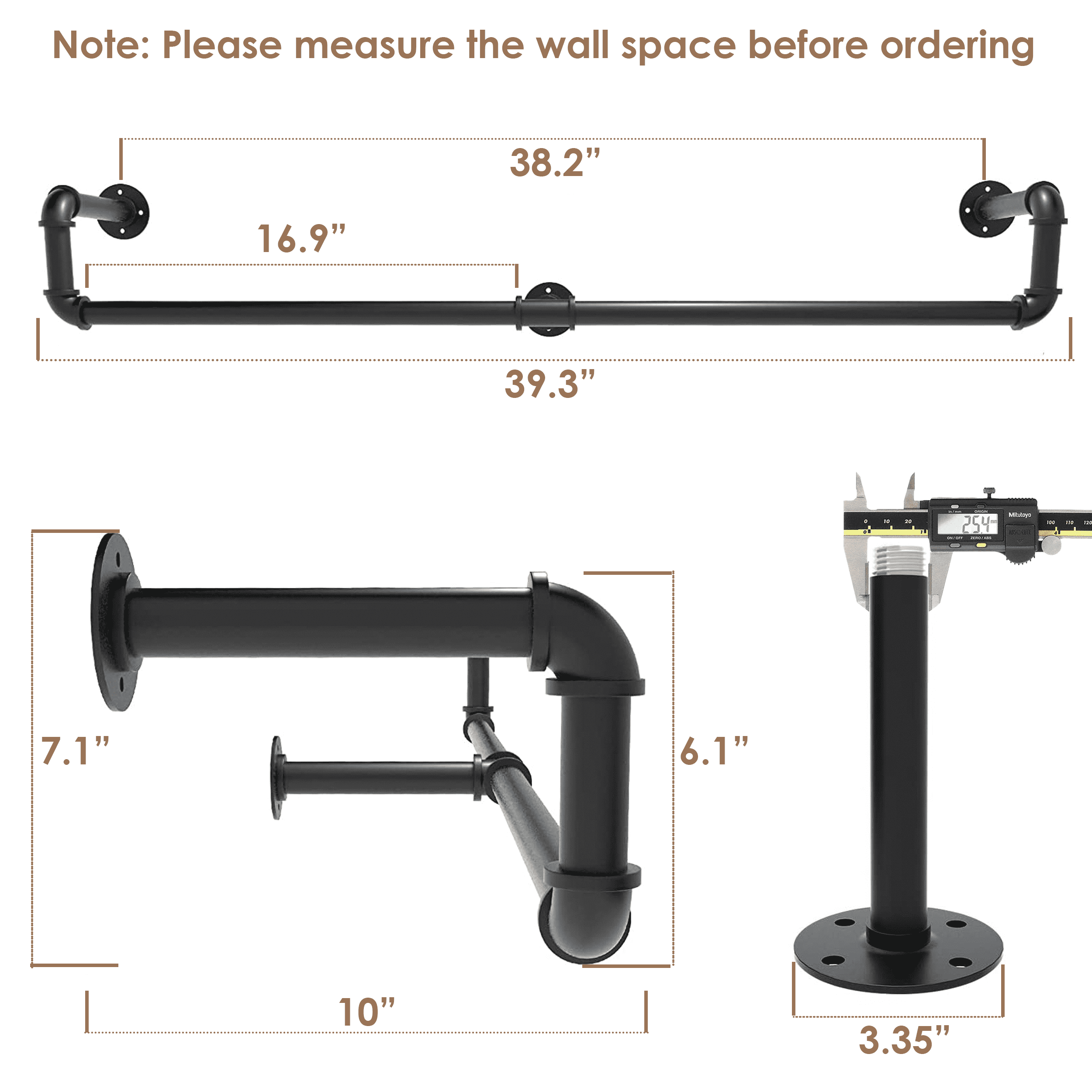 39in Black Industrial Pipe Clothing Rack mounted on a wall, showcasing stylish clothing and accessories.