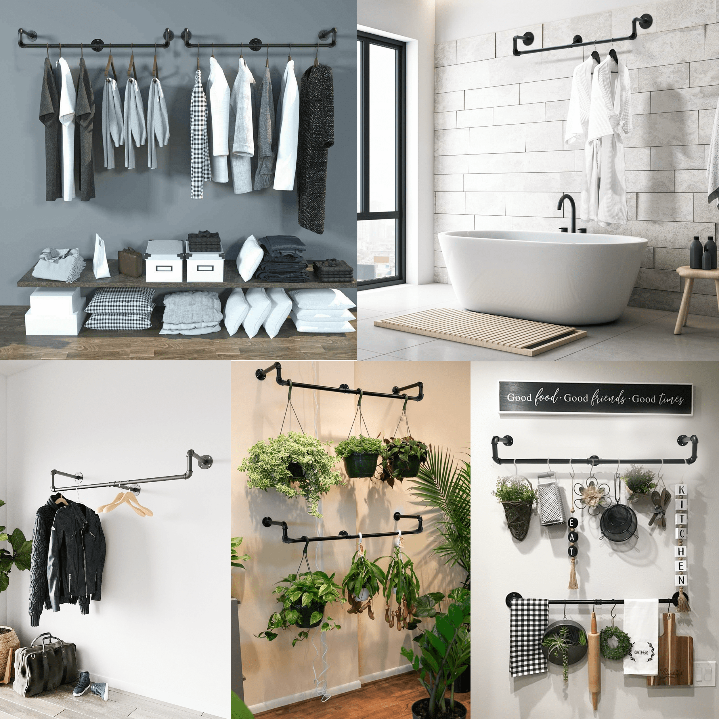 39in Black Industrial Pipe Clothing Rack mounted on a wall, showcasing stylish clothing and accessories.