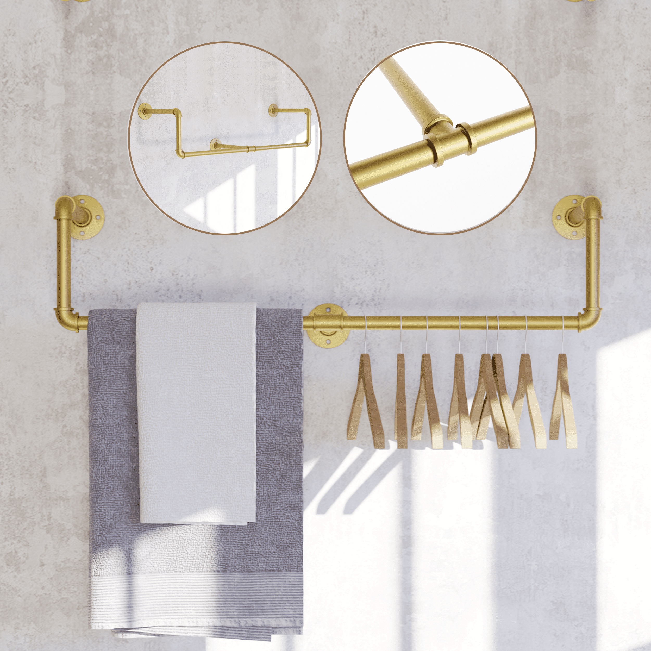 39in Gold Industrial Pipe Clothing Rack mounted on a wall, showcasing stylish clothing organization with a modern industrial design.