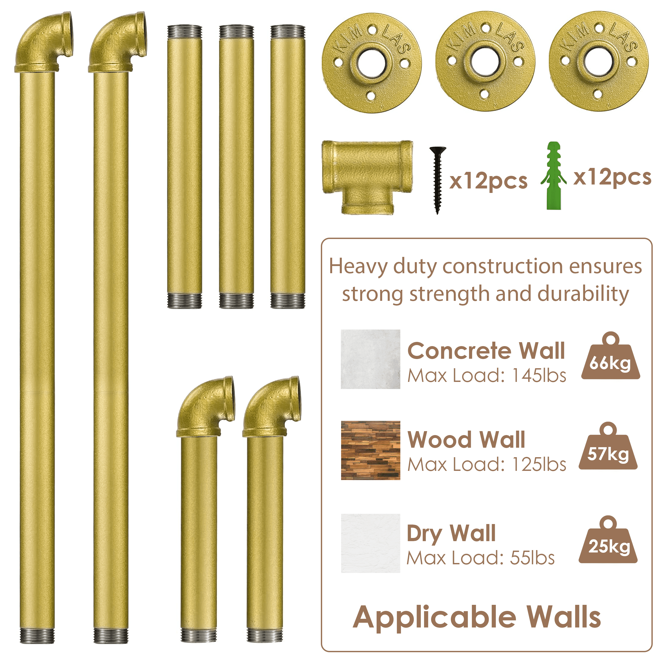 39in Gold Industrial Pipe Clothing Rack mounted on a wall, showcasing stylish clothing organization with a modern industrial design.