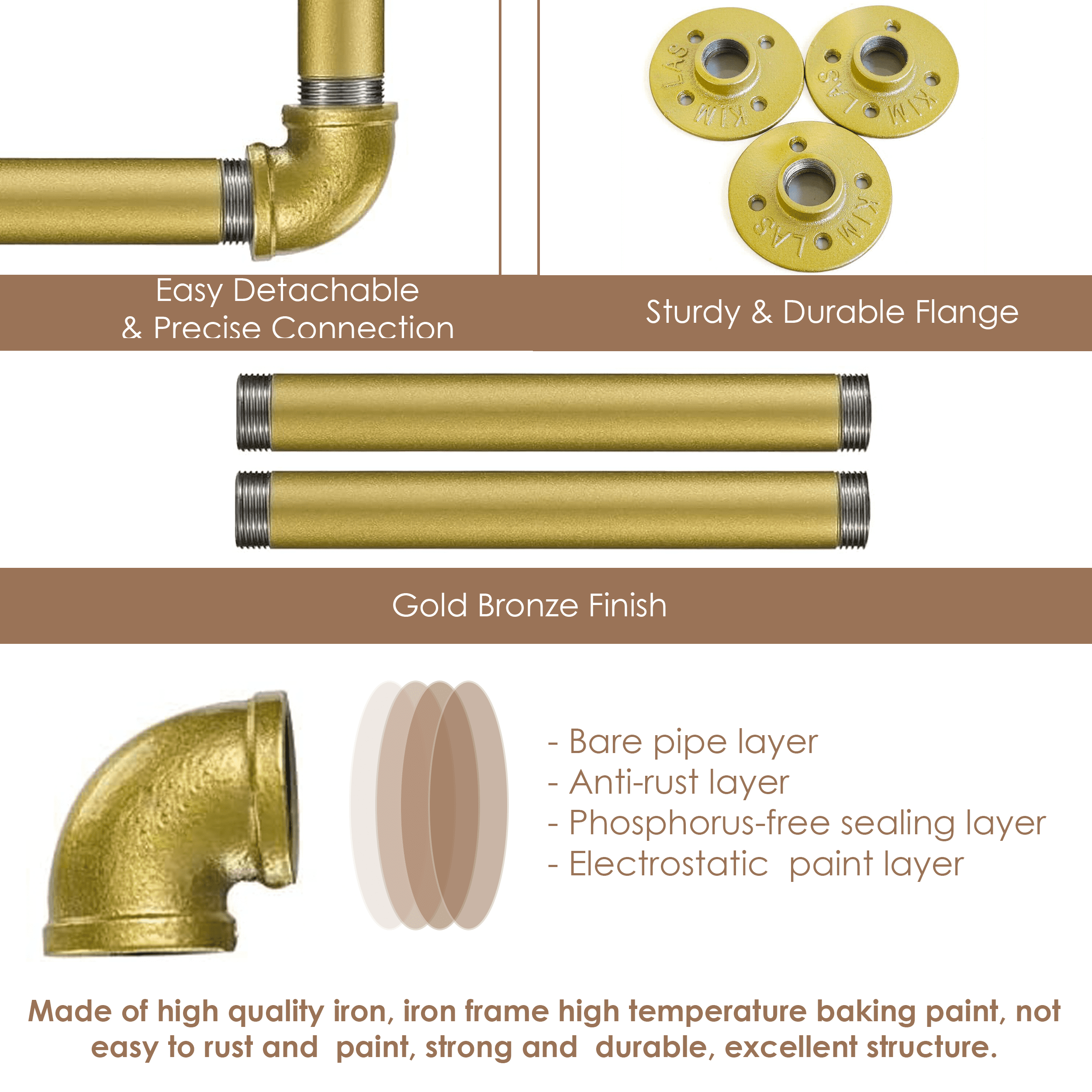 39in Gold Industrial Pipe Clothing Rack mounted on a wall, showcasing stylish clothing organization with a modern industrial design.