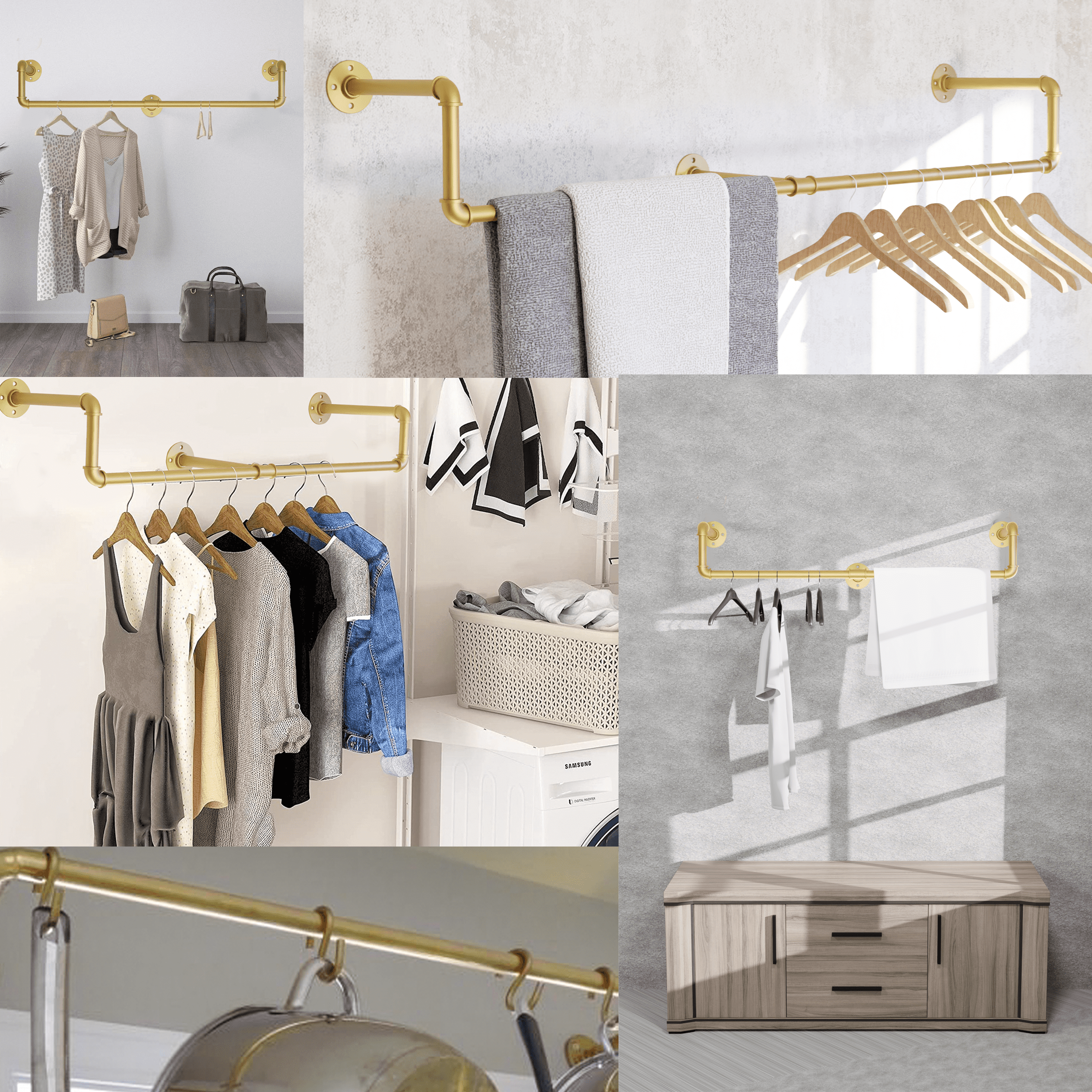 39in Gold Industrial Pipe Clothing Rack mounted on a wall, showcasing stylish clothing organization with a modern industrial design.