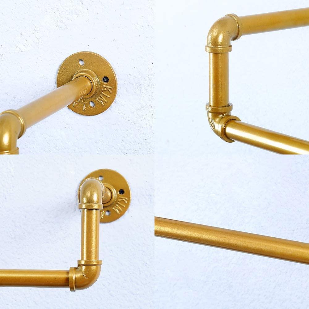 39in Gold Industrial Pipe Clothing Rack mounted on a wall, showcasing stylish clothing organization with a modern industrial design.