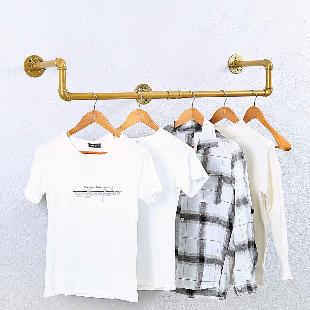 39in Gold Industrial Pipe Clothing Rack mounted on a wall, showcasing stylish clothing organization with a modern industrial design.