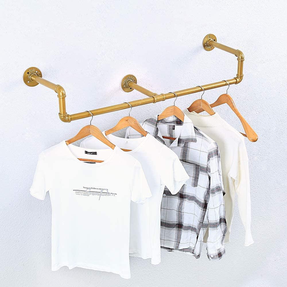 39in Gold Industrial Pipe Clothing Rack mounted on a wall, showcasing stylish clothing organization with a modern industrial design.