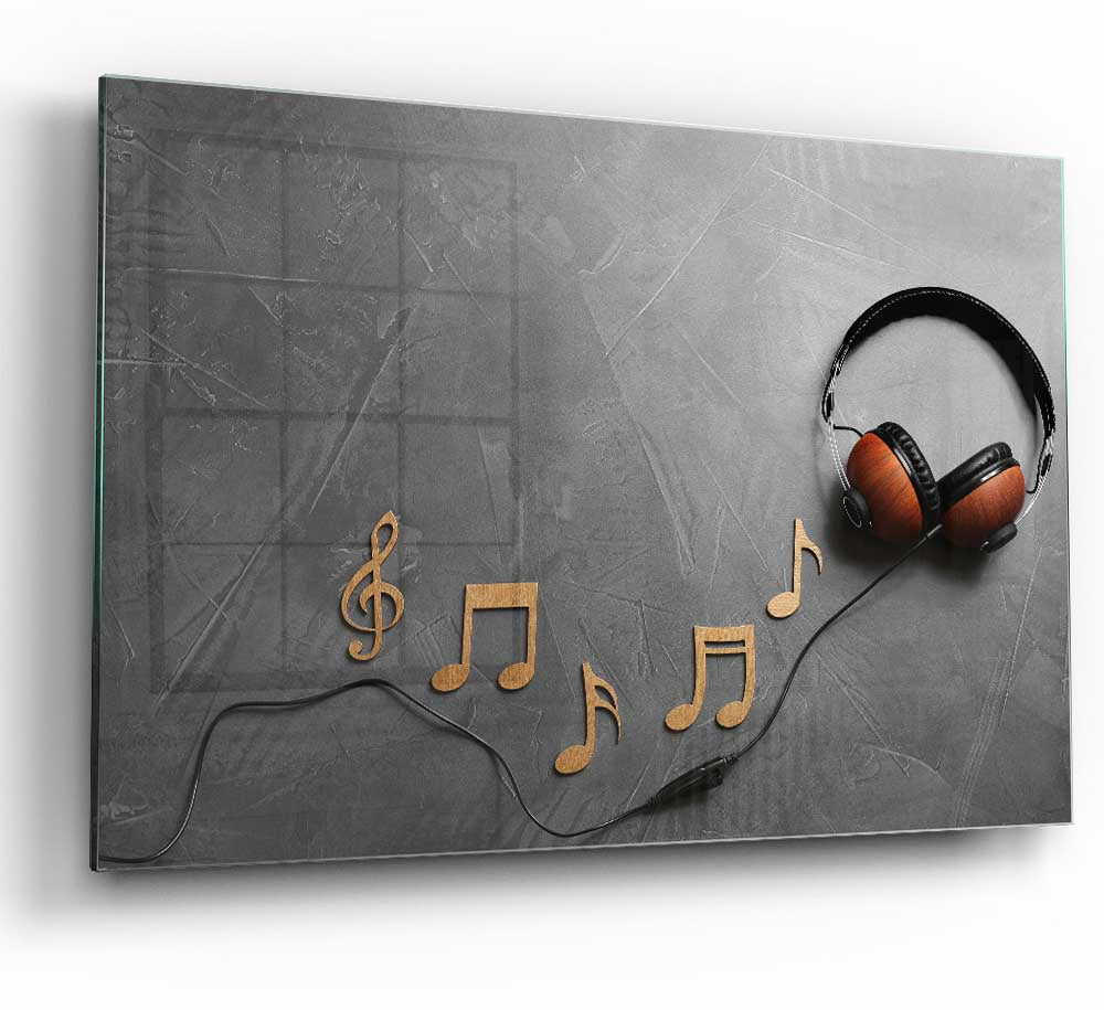 A vibrant 3D glass print featuring musical notes and headphones, showcasing modern art design.