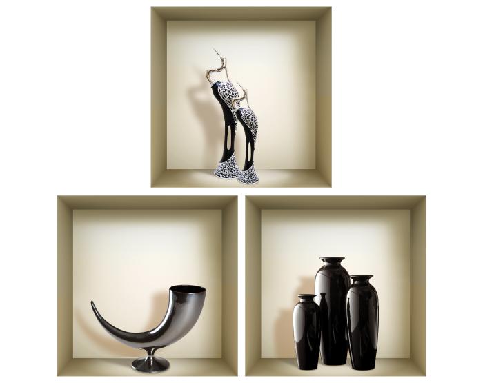 Set of 3 removable 3D wall niche art decals featuring vibrant designs, perfect for enhancing home decor on smooth surfaces.