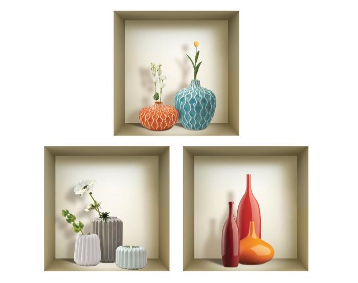 Set of 3 removable 3D wall niche stickers in vibrant colors, showcasing their easy application on a smooth surface.