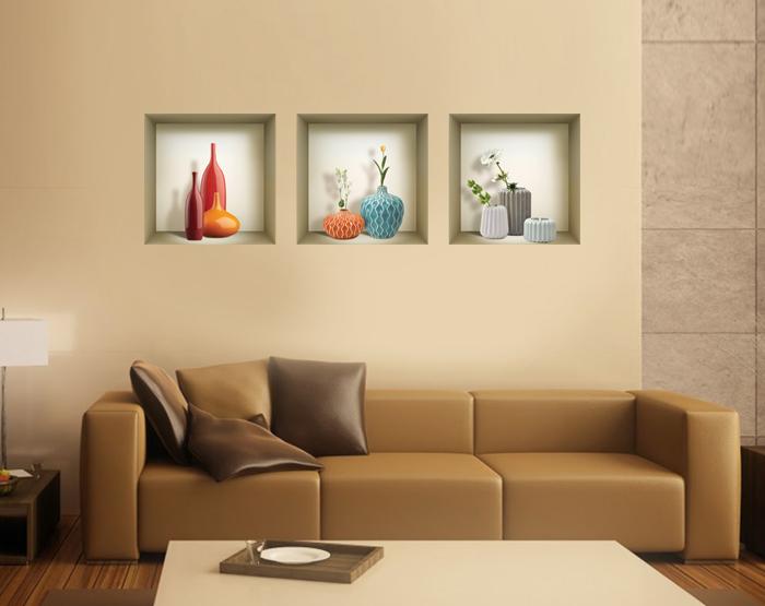 Set of 3 removable 3D wall niche stickers in vibrant colors, showcasing their easy application on a smooth surface.