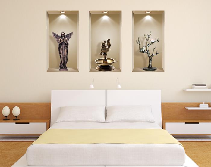 Set of 3 stunning 3D Niche Wall Art Decals displayed on a smooth wall, showcasing vibrant colors and intricate designs.