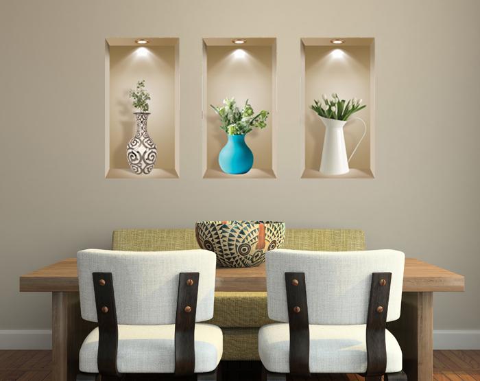 Set of 3 removable 3D wall niche art decals in vibrant colors, showcasing unique designs suitable for various smooth surfaces.