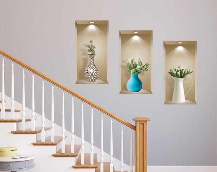 Set of 3 removable 3D wall niche art decals in vibrant colors, showcasing unique designs suitable for various smooth surfaces.