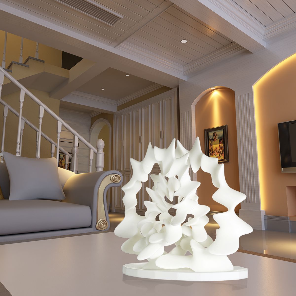 Modern living room with abstract sculpture.