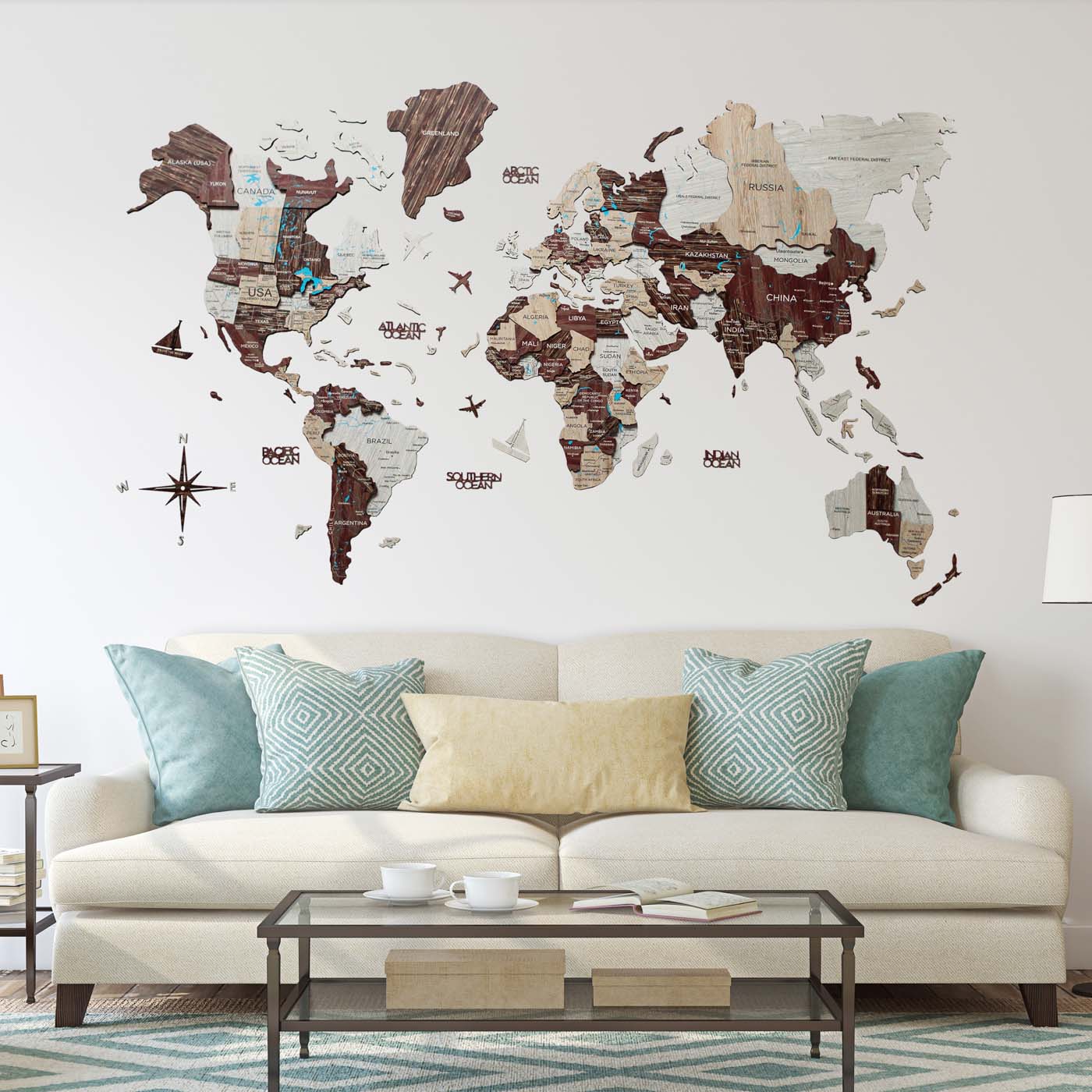 3D Wooden World Map Cappuccino, intricately designed with ocean names and decorative elements, showcasing craftsmanship and elegance.