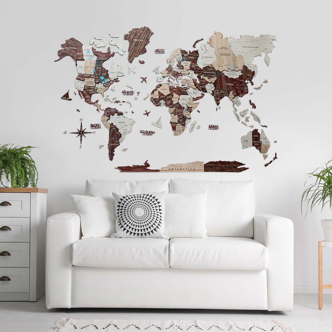 3D Wooden World Map Cappuccino, intricately designed with ocean names and decorative elements, showcasing craftsmanship and elegance.