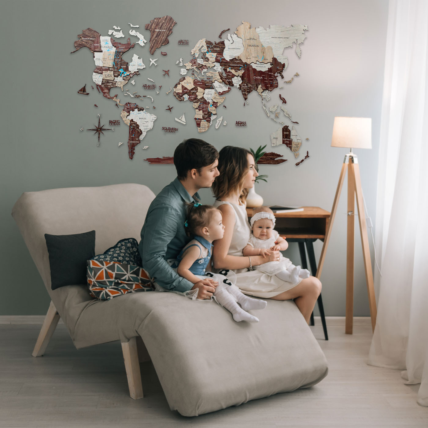 3D Wooden World Map Cappuccino, intricately designed with ocean names and decorative elements, showcasing craftsmanship and elegance.