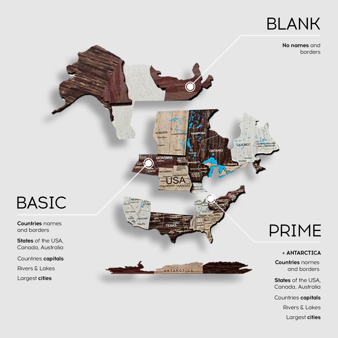 3D Wooden World Map Cappuccino, intricately designed with ocean names and decorative elements, showcasing craftsmanship and elegance.