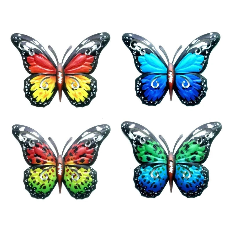 Four colorful 3D metal butterfly wall art decorations, showcasing intricate designs and vibrant colors, perfect for indoor and outdoor decor.