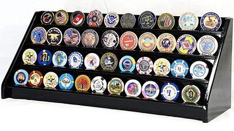 Elegant 4 Rows 40 Challenge Coin Display Case made from Australian beech wood, showcasing multiple challenge coins securely.