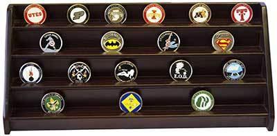 4 Rows Shelf Challenge Coin Holder Display made of solid cherry wood, showcasing military and casino chips with an elegant finish.