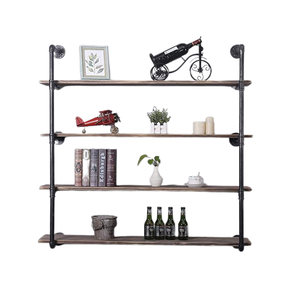 4 Tier Industrial Pipe Shelving made from 100% pine solid wood and galvanized steel, showcasing a rustic design with rounded corners.