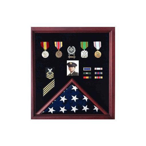 4 x 6 Flag Display Case made of cherry wood, featuring a glass front and compartments for medals, elegantly showcasing military memorabilia.