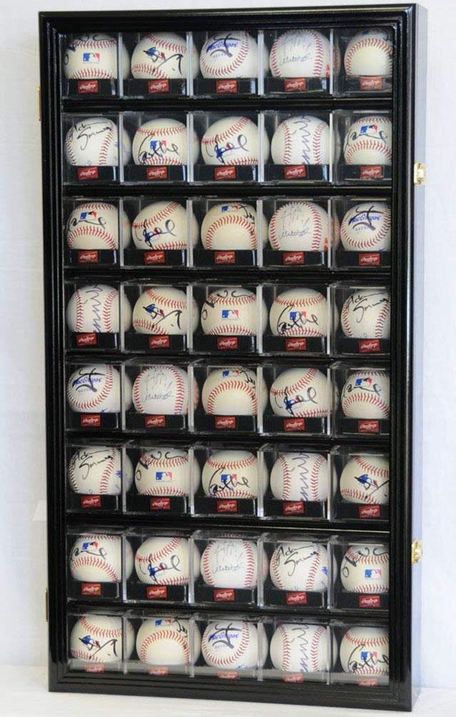 Elegant 40 Baseball Acrylic Cubes Display Case Cabinet showcasing baseballs with UV protection and solid hardwood construction.