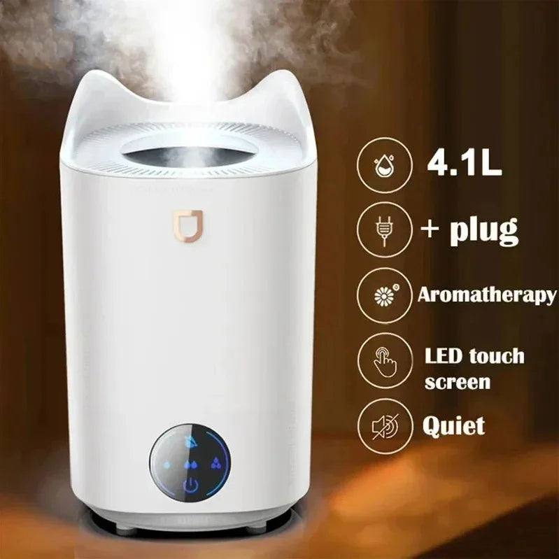 4100ML Air Humidifier Touch Screen Aroma Diffuser in pink and white, showcasing its sleek design and touch screen interface.