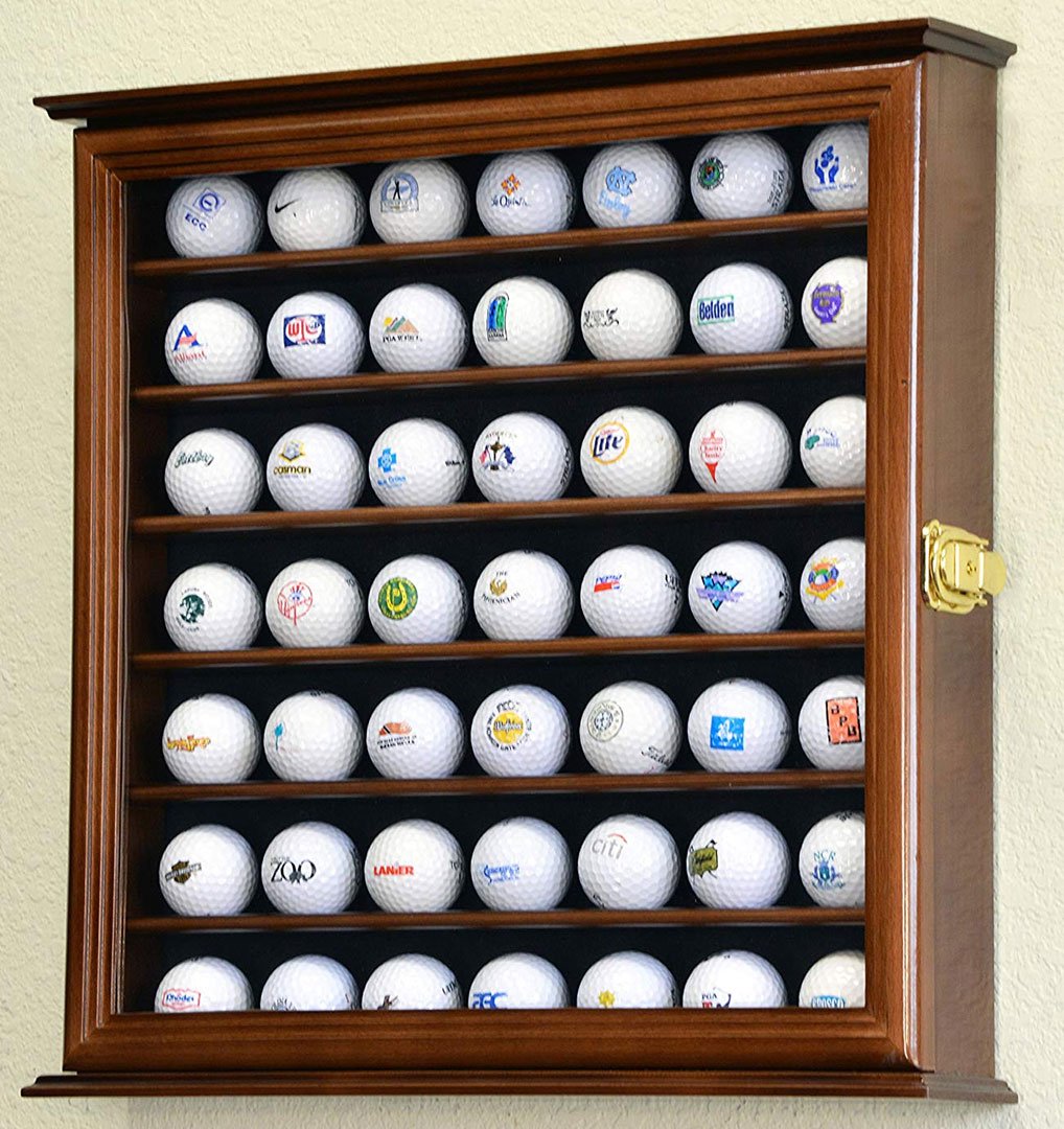 Elegant walnut golf ball display case holding 49 balls with UV protection and black felt background.