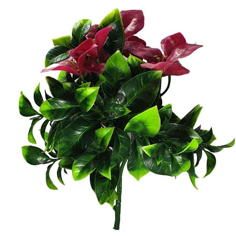 Five artificial flowering purple lilac stems, showcasing vibrant purple flowers and green leaves, perfect for decorative arrangements.