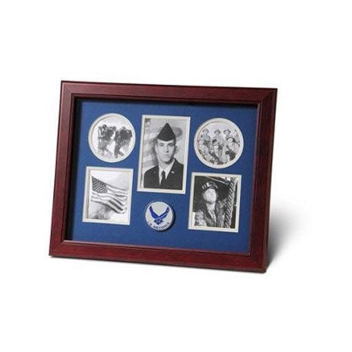 5 Picture Collage Aim High Air Force Medallion Frame with blue matting and mahogany wood, displaying various photo openings.