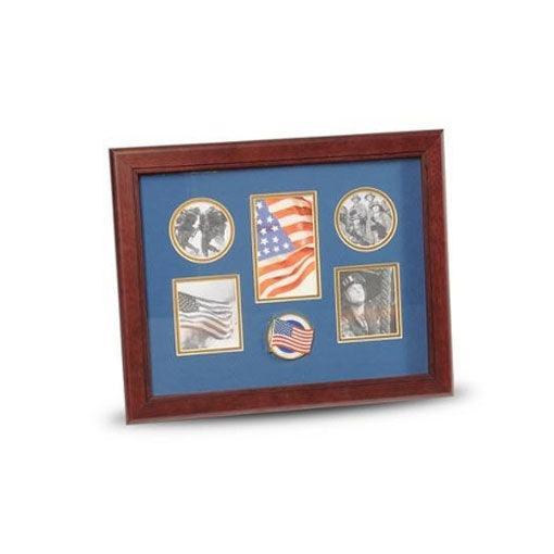 5 Picture Collage Frame featuring American Flag Medallion, mahogany wood, blue matting with gold trim, designed for military and patriotic photos.