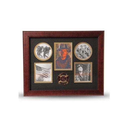 5 Picture Collage Frame featuring a Firefighter Medallion, showcasing five photo openings with elegant black matting and gold trim.