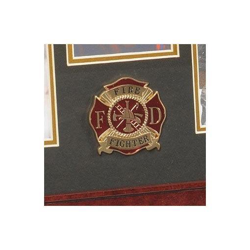 5 Picture Collage Frame featuring a Firefighter Medallion, showcasing five photo openings with elegant black matting and gold trim.