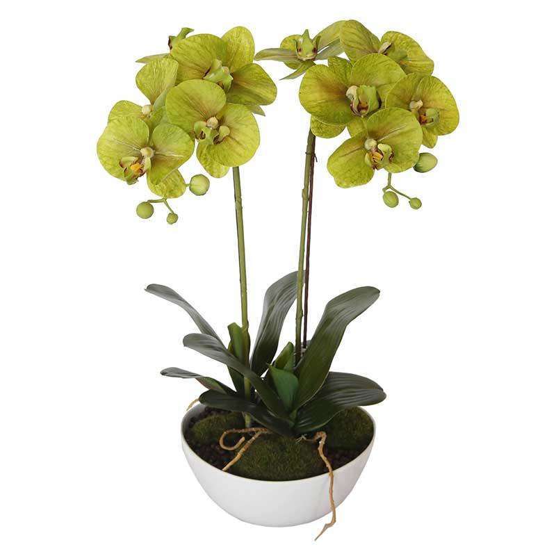 A beautifully arranged 50cm flowering artificial potted orchid with vibrant colors and realistic silk petals, perfect for home or office decor.