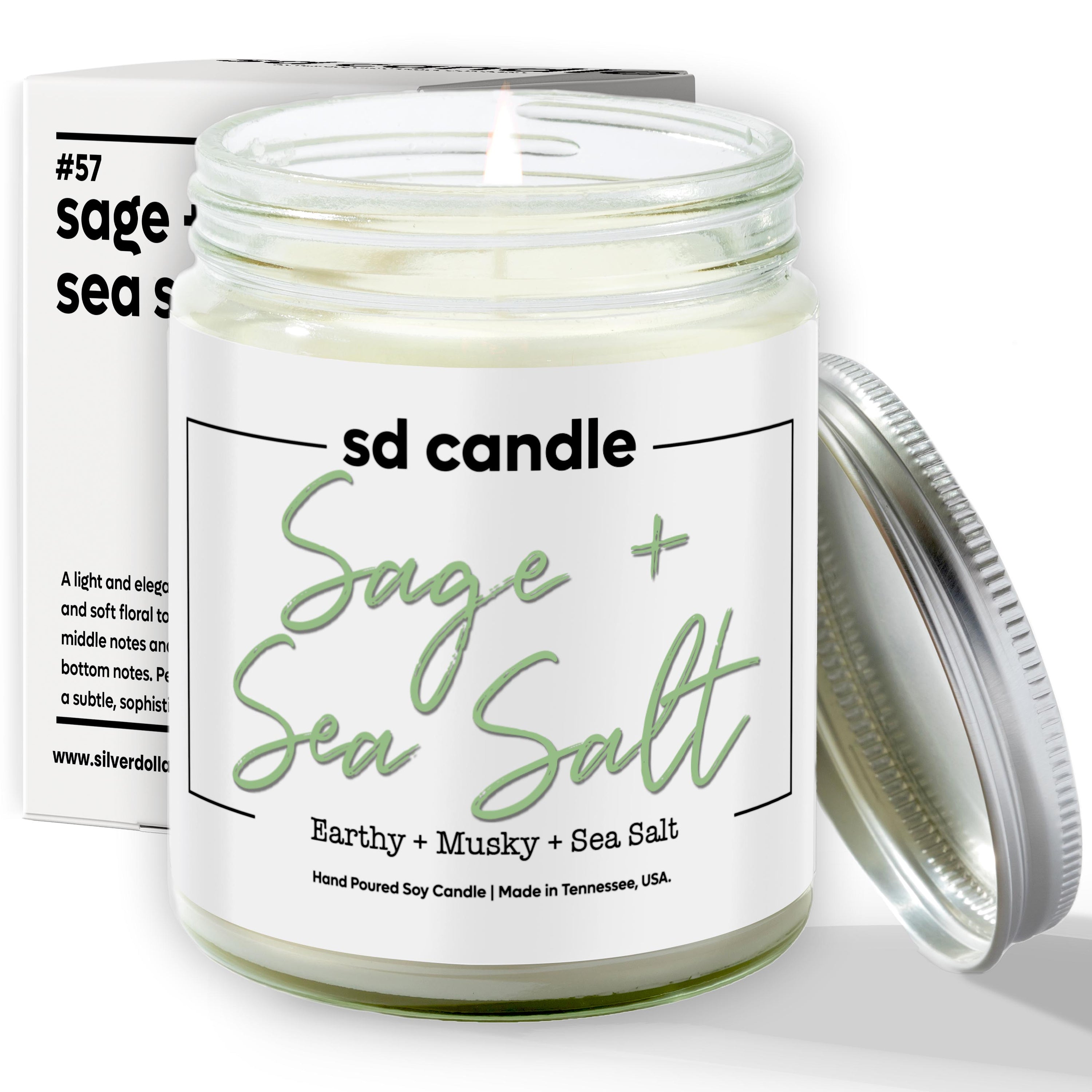 A beautifully crafted Sage + Sea Salt Scented Candle in a glass jar, showcasing its elegant design and natural ingredients.