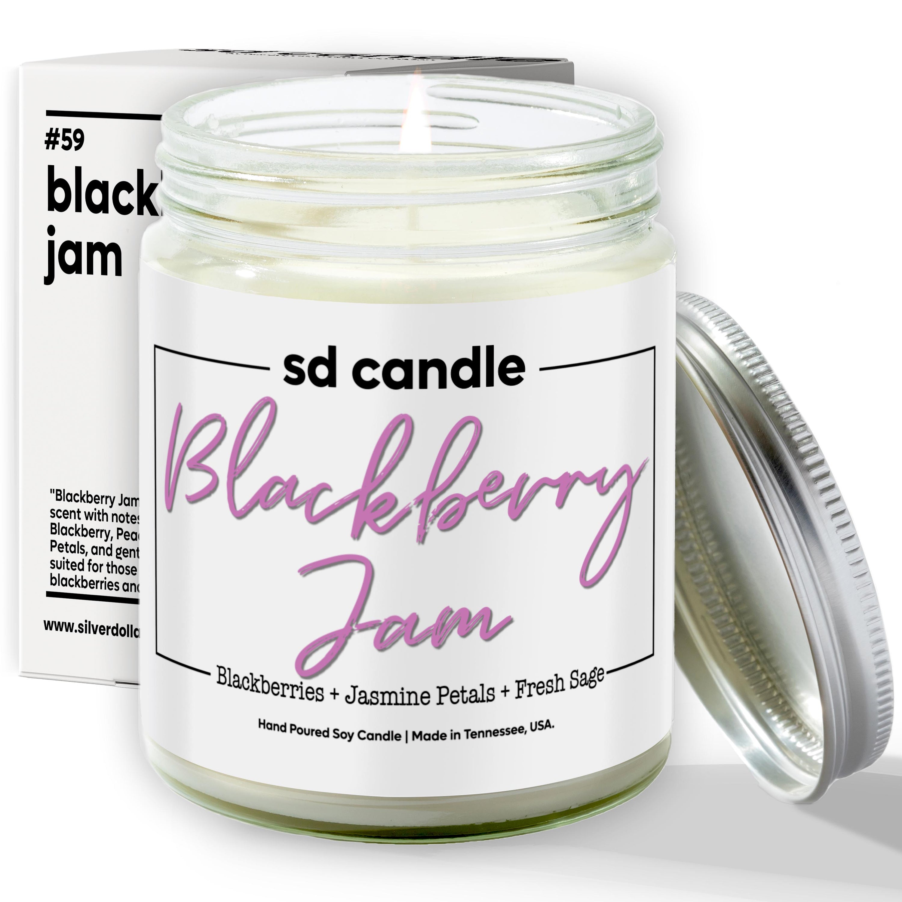 A beautifully crafted Blackberry Jam Scented Candle in a glass jar, showcasing its rich, fruity aroma with notes of blackberry and orange.