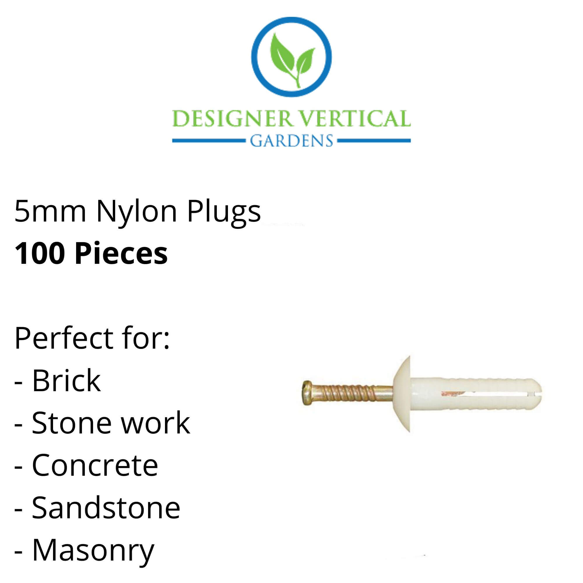 A pack of 100 5mm x 25mm nylon plugs designed for masonry surfaces, featuring a mushroom head for secure installation.